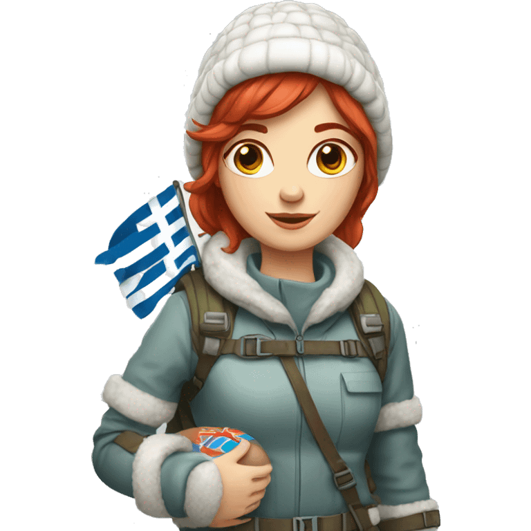 female winter mountaineer red hair holding easter egg and greek flag  emoji