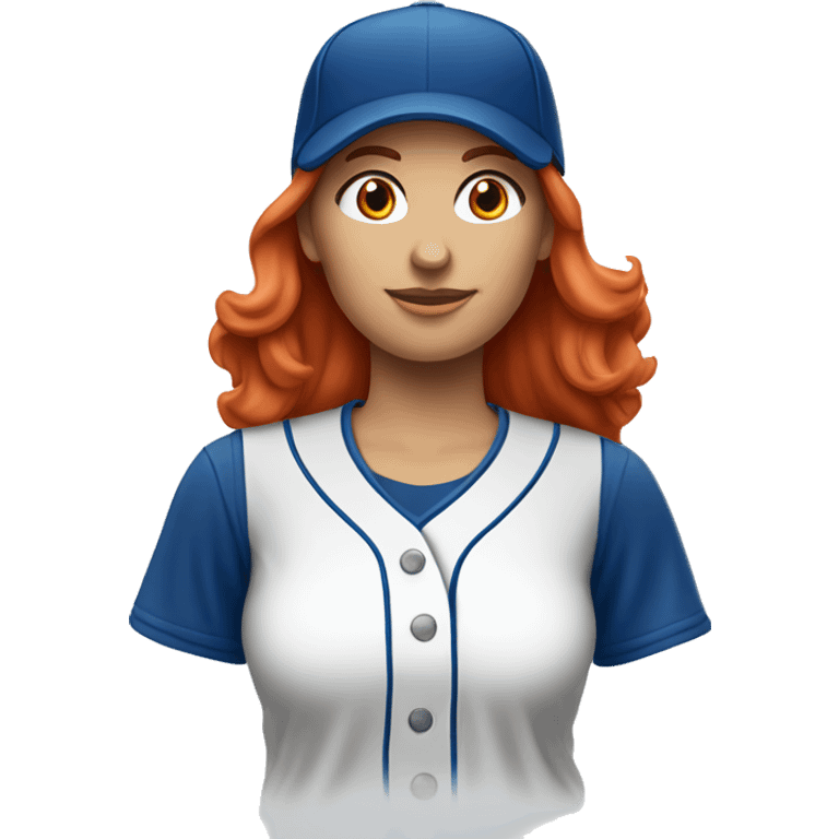 standing up white female coach with long red hair in blue  t-shirt and with a simple blue baseball hat emoji