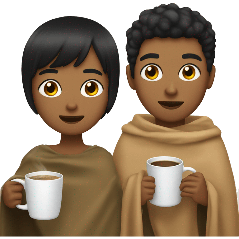 LIGHT BROWN SKIN BOY, with SHORT STRAIGHT BLACK HAIR and a TAN SKIN GIRL, with BLACK HAIR and BANGS, inside the same blanket sipping coffee emoji