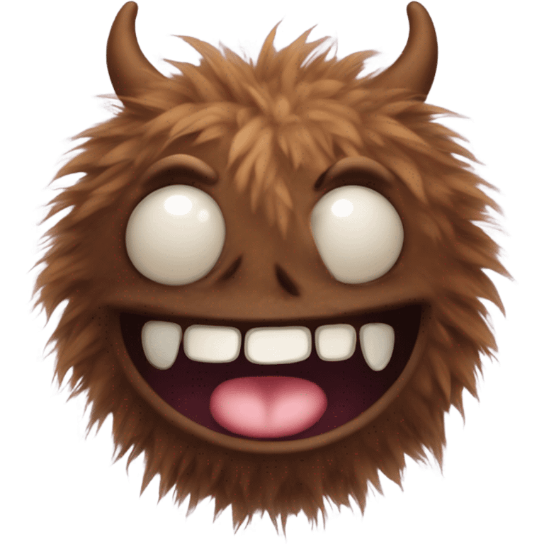 cute fluffy brown monster with round ears and a smile with 2 fangs emoji