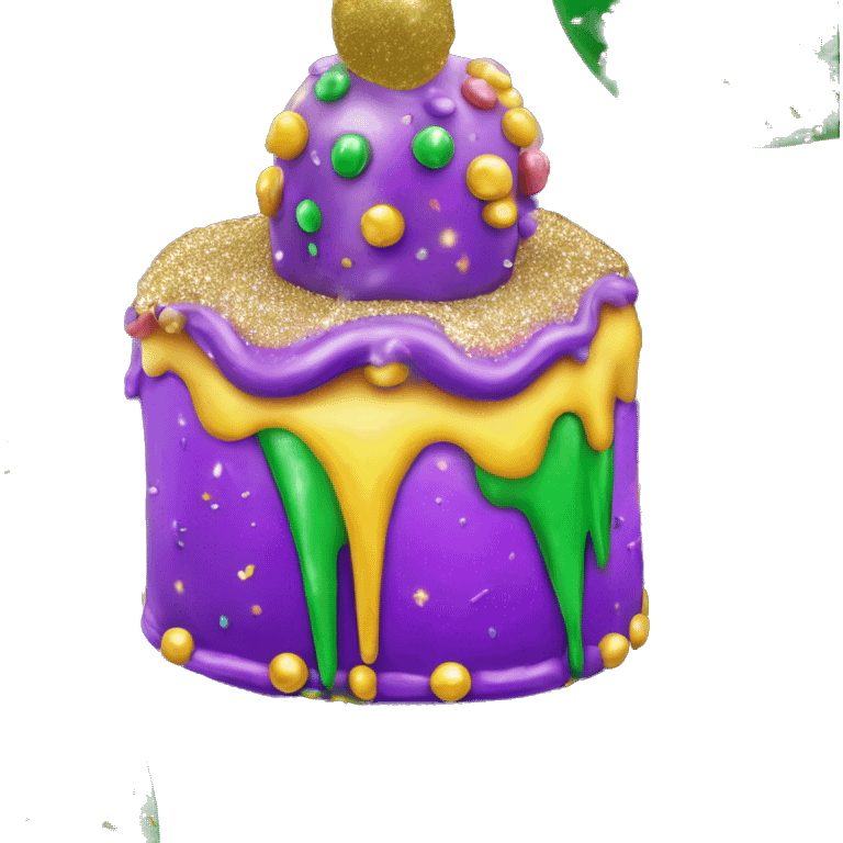 Realistic glitter icing king cake isolated with Mardi Gras beads layer across the top of the cake.  emoji