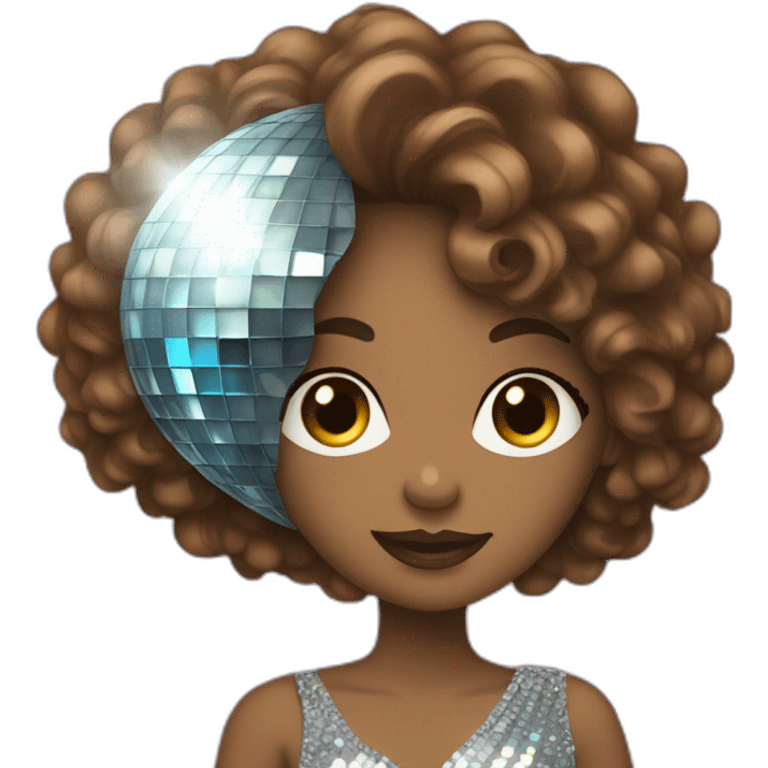 female with brown wavy hair dressed in a party dress and disco ball emoji