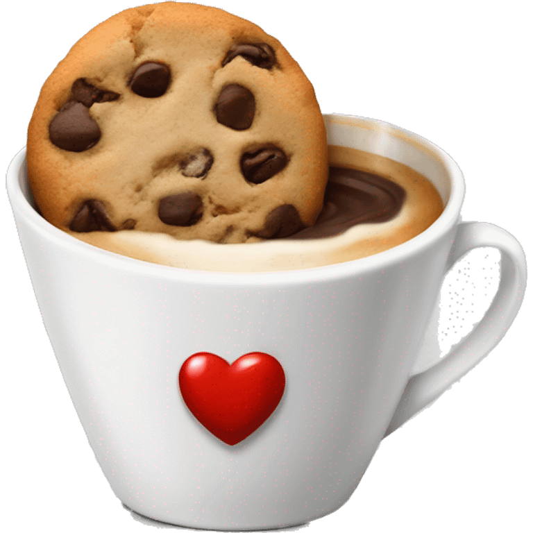 A cup of coffe in a white cup with a bright red kiss mark on it with a half eaten chocolate chip cookie emoji