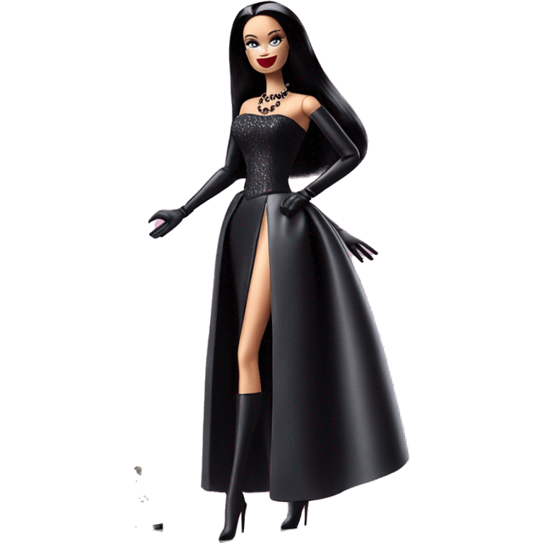 Stunning photo n the Spotlight Barbie, Morticia Addams,showing off, show full body,accessories  gloves  emoji