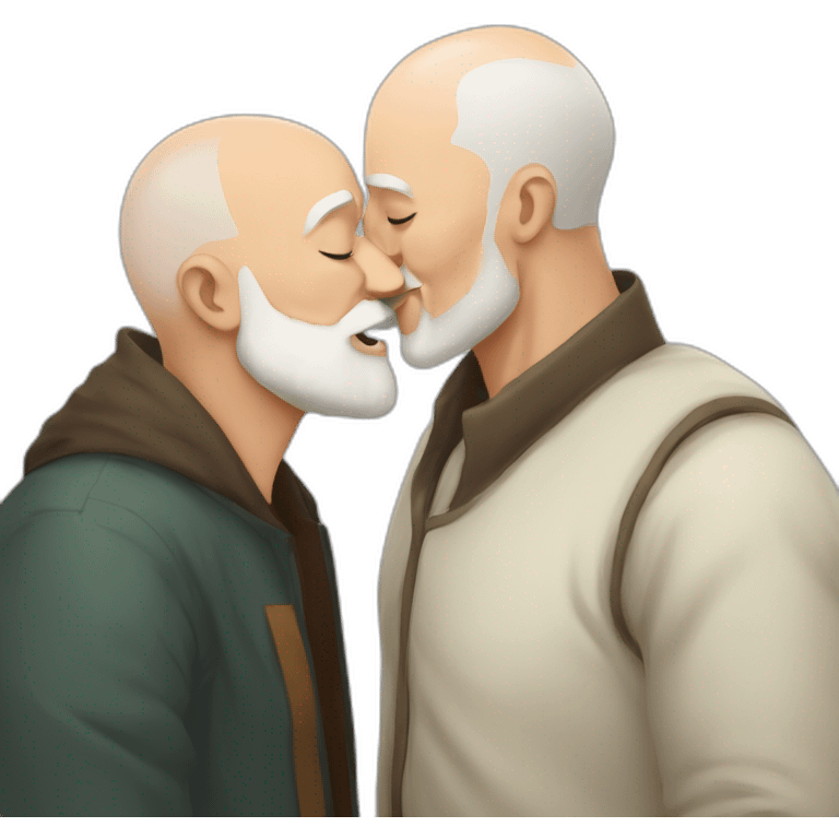 older buzz cut European white bearded  man kissing bald older Ethiopian bearded  man emoji