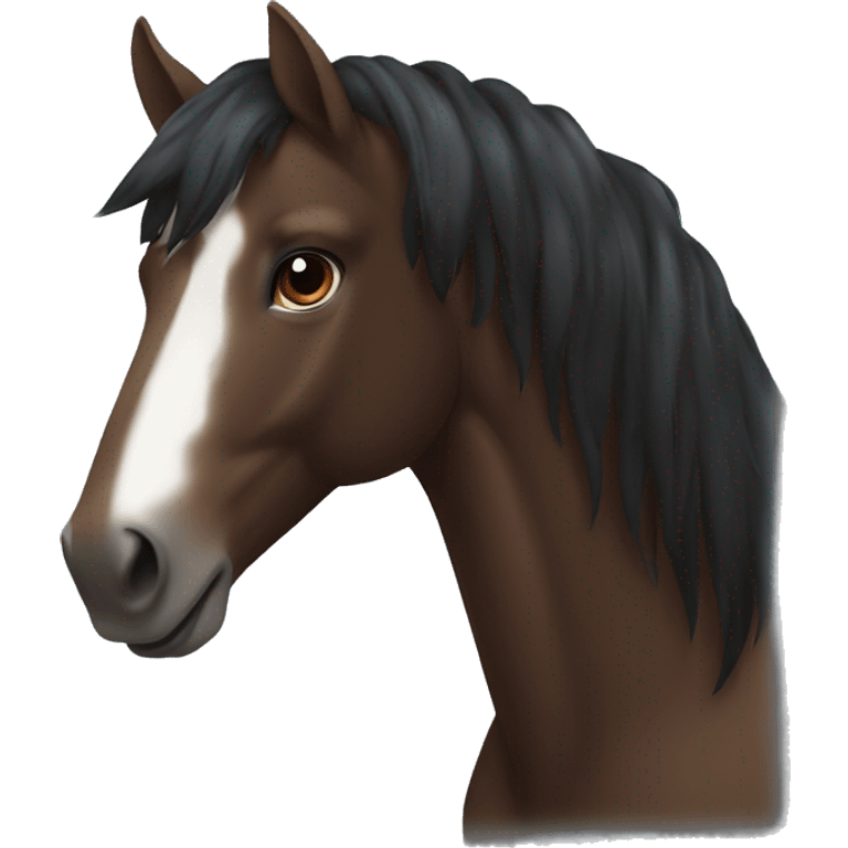 Dark brown horse with dark brown mane and small white marking on top of head emoji