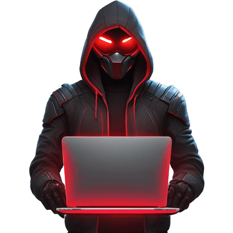 developer behind his laptop with this style : crysis Cyberpunk Riot Games Valorant neon glowing bright red character red dark black hooded assassin themed character emoji