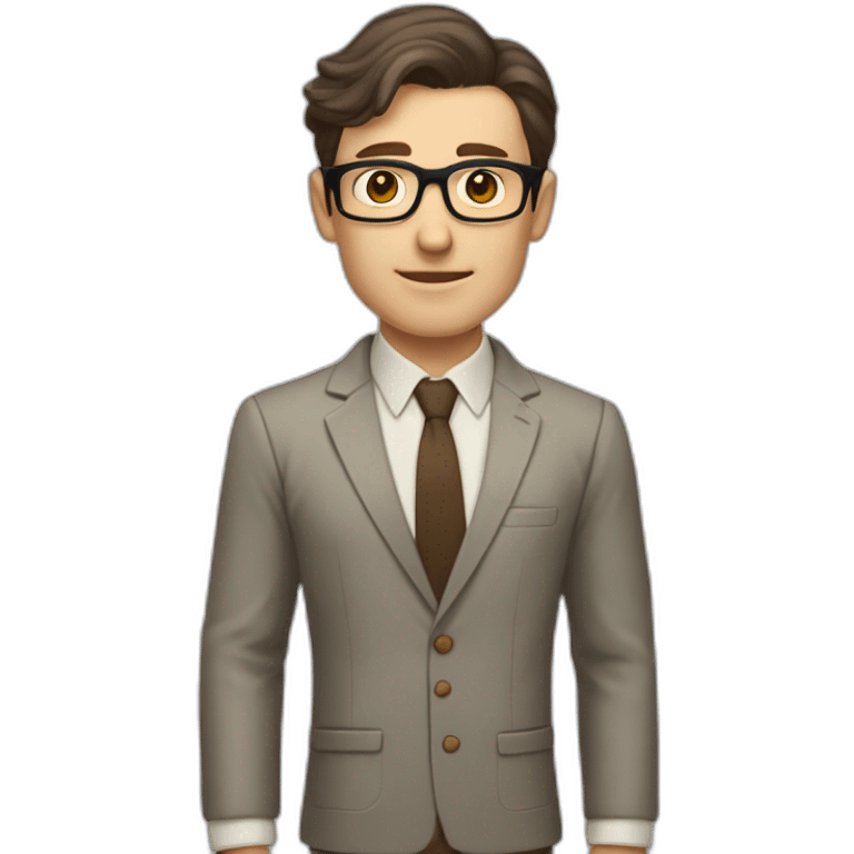 Full height Gesticulating Pale skinned fit man with dark brown hair in gray jacket, beige office shirt, brown tie, brown pants and vintage glasses. emoji