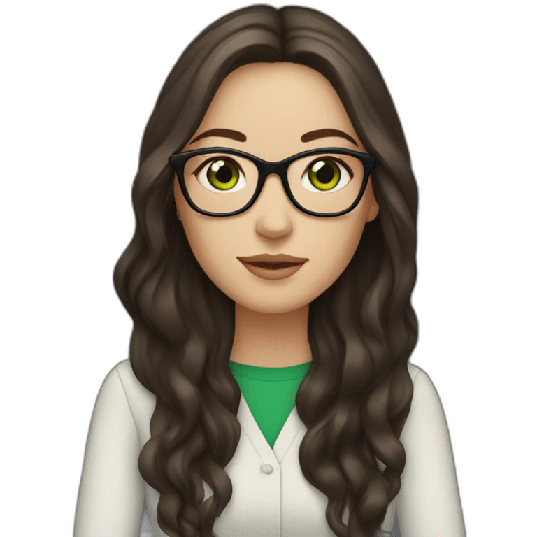 White woman with long dark brown hair and green eyes using glasses writing emoji