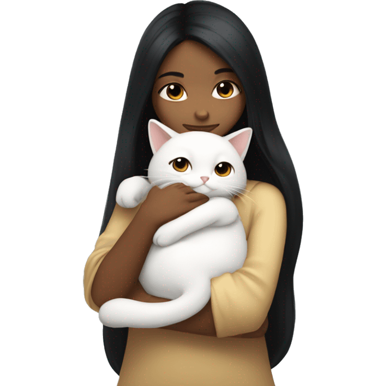 girl with very long black hair and caramel skin hugging a white cat emoji