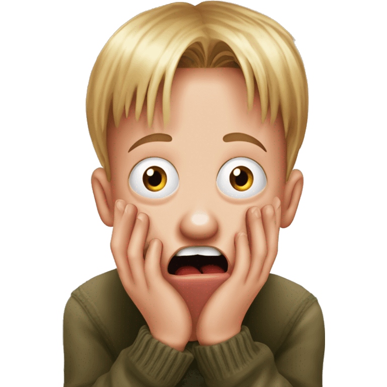 kevin McCallister from Home Alone, putting both hands on his face and screaming of fear. bring the hands down lik he is putting on his cheeks. emoji