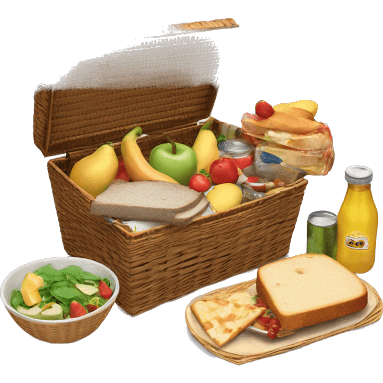 Realistic picnic lunch basket with lid open and food and dishes Packed inside   emoji