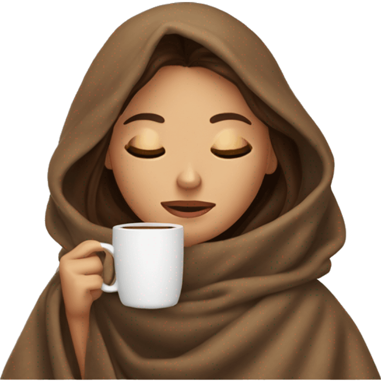 girl with brown hair and medium skin inside a blanket sipping coffee eyes closed emoji