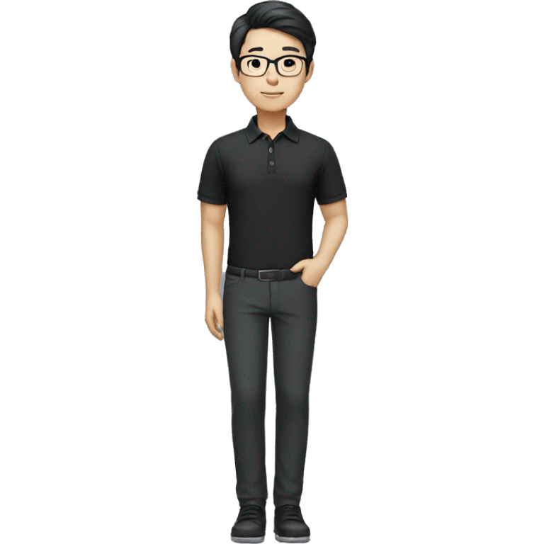 black hair chinese engineer wearing glasses black polo tshirt and dress pants and shoes emoji