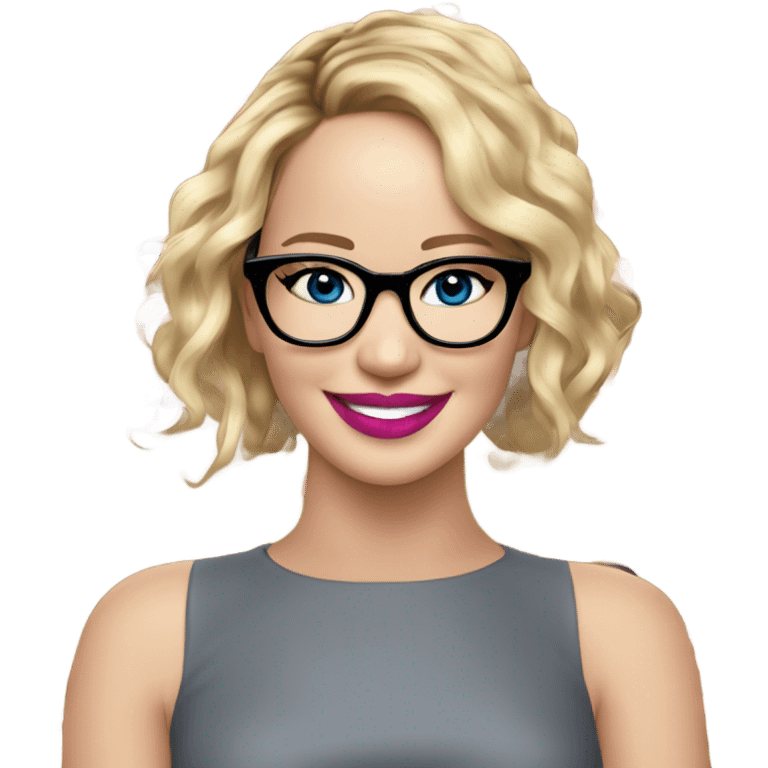 Happy Jennifer Lawrence,  blu eyes wearing glasses and pink lipstick  emoji