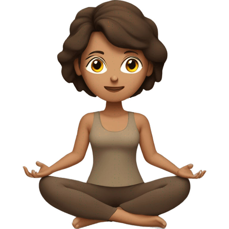 Brunette woman with brown hair in brown workout clothes meditating emoji