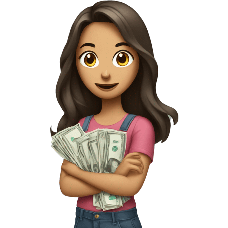 brunette girl with long hair holds paper dollars in her hands emoji