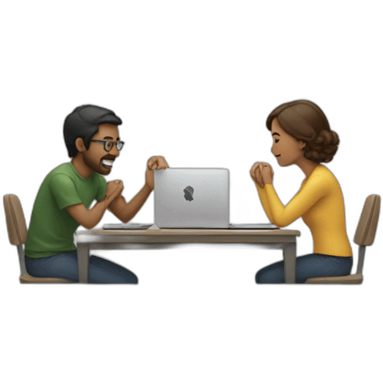 two people around a table using macbooks emoji