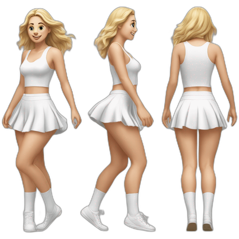 hyperrealistic-full-body-caucasian-curvy-beauty-jumping-small white-skirt-back-and-front-views-strong-wind-white knickers white socks emoji