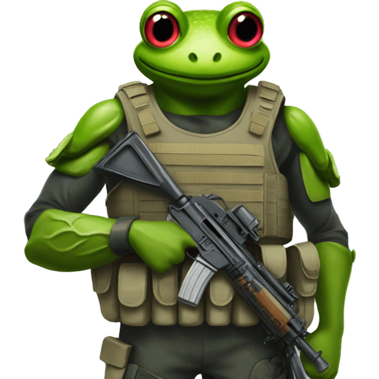 a soldier with a frog head with a weapon in his hand in a bulletproof vest emoji