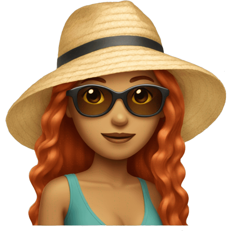 Woman with long red hair, sunglasses, and a beach hat emoji