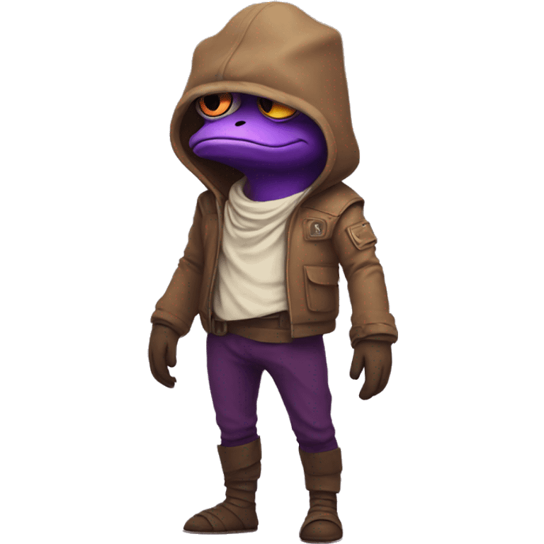 Pepe is cute in full height in brown and purple tones, stylish, brutal in a komonaut costume emoji