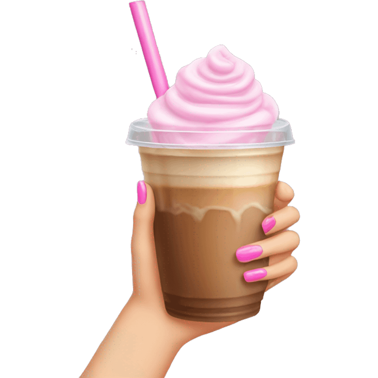 Hand with pink nails holding an iced coffee emoji