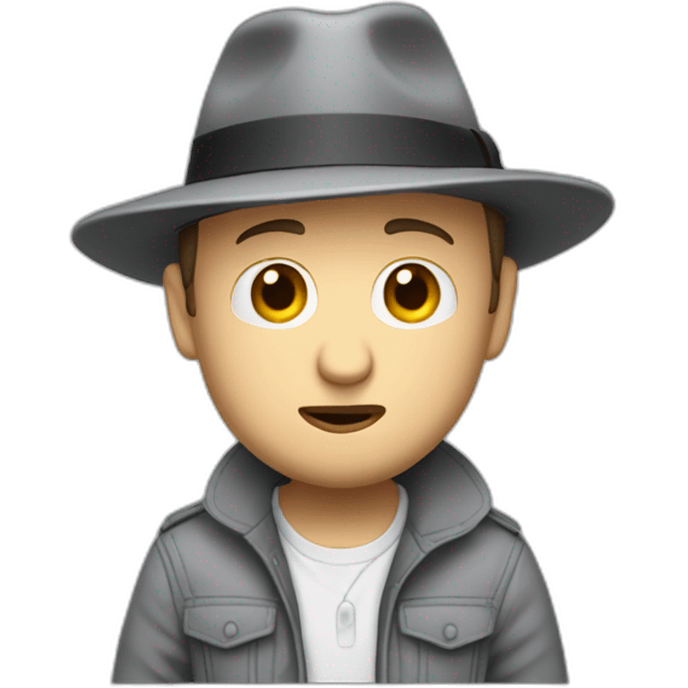 tim robinson wearing a grey fedora with a grey flap on the back white shirt only looking scared and sad 3 quarter angle, hat has a flap of fabric on the back emoji