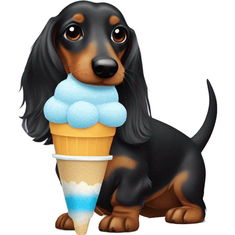 black and tan long hair dachshund eating a shaved ice emoji