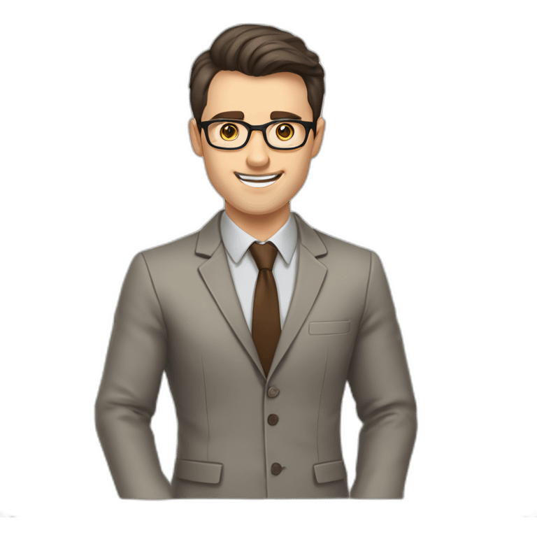 Pale skinned fit man teacher with dark brown hair in gray jacket, beige office shirt, brown tie, brown pants and vintage glasses Draws on the marker board emoji