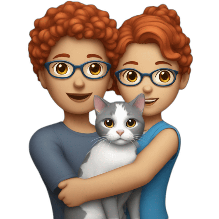 a girl with red curly hair and blue glasses with a white and gray cat in her arms emoji