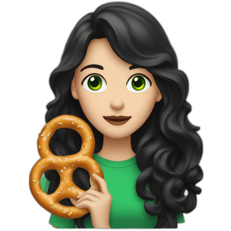 A Woman with green eyes and black wavy long hair eating a pretzel  emoji