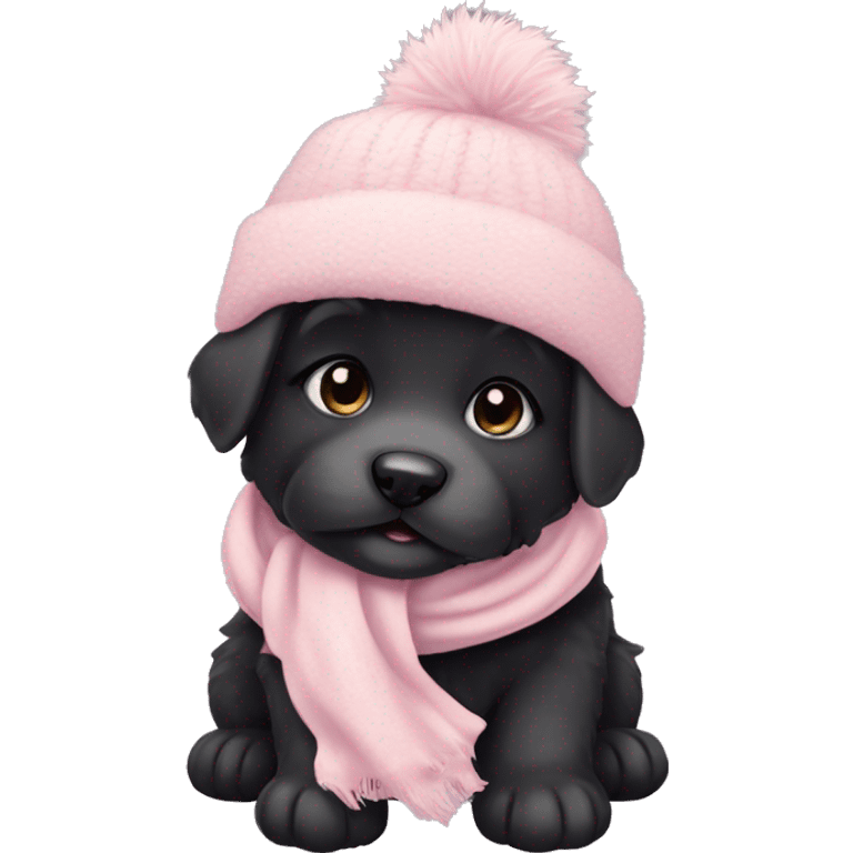 fluffy chubby black puppy with pale pink winter hat pale pink scarf emoji