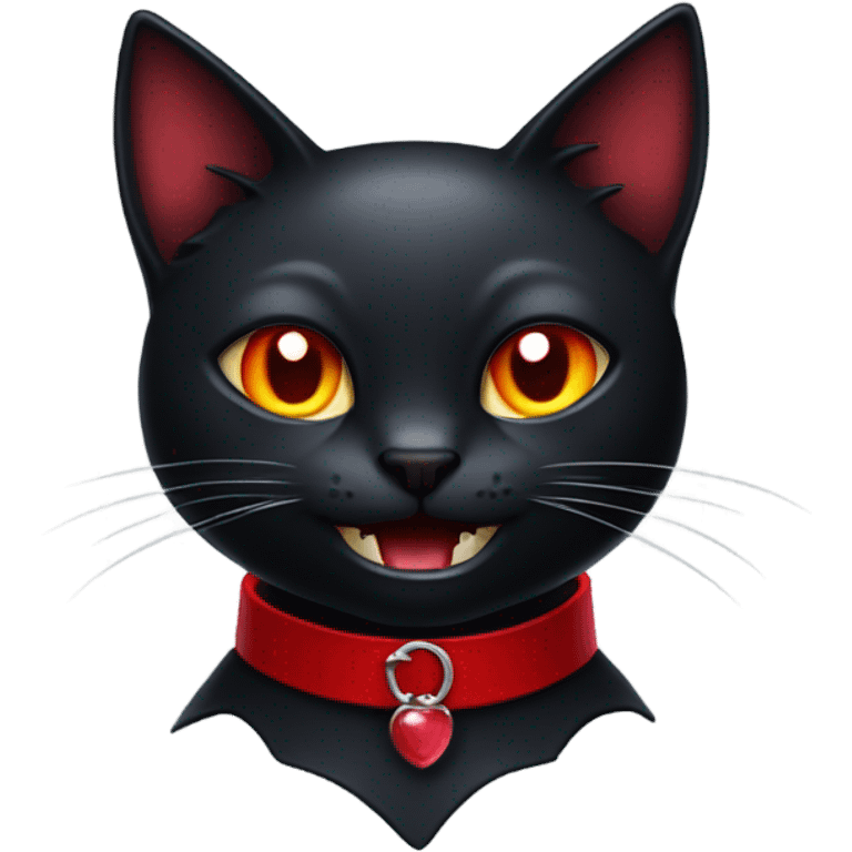 black cat with a red collar with fangs like a vampire emoji