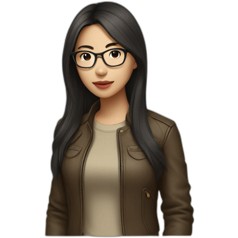 asian girl with glasses and a leather jacket with a  khaki shirt and long dark hair emoji