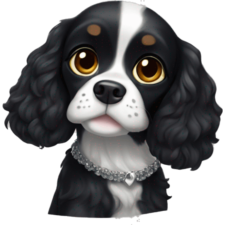 Small completely black king spaniel with black fur on face and white stripe on chest emoji