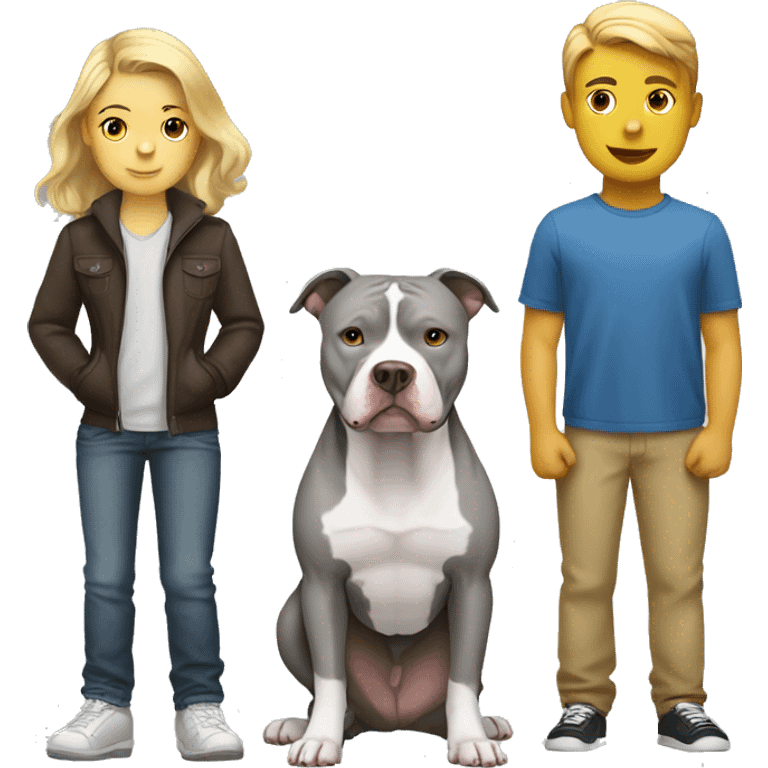 Gray Pitbull standing with white boy with brown hair and blonde girl emoji