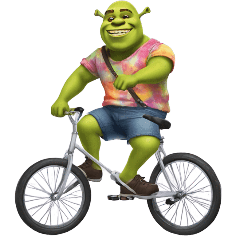 shrek wearing a tye dye shirt riding a unicycle  emoji