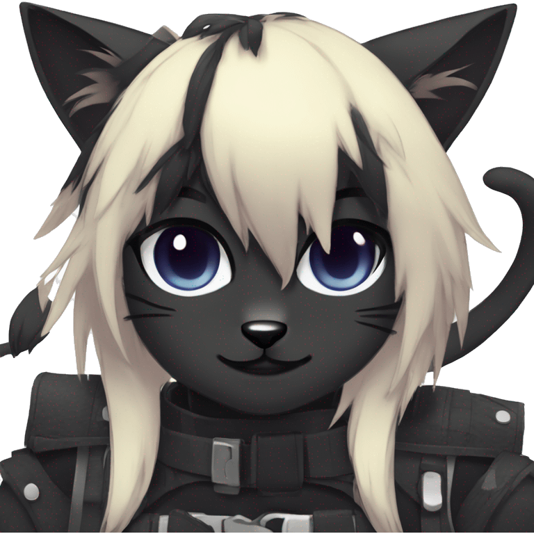 Anthro Cool Black Cat-Fursona-Fakemon with Emo Hair-bangs with Chest Harness emoji