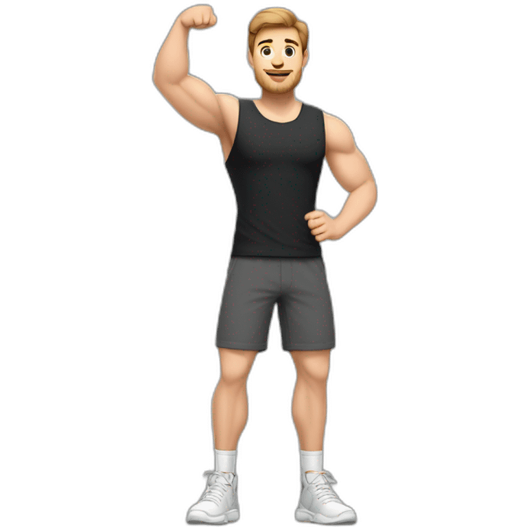 Full height Actively gesturing with hands Pale skinned Fit Man With the biceps and brown hair in dark gray Sleeveless Mike, black oversize sports shorts, watch and white Sneakers emoji