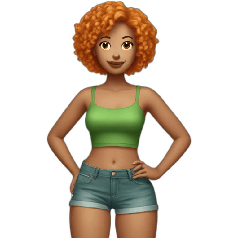 Woman with short orange Curly hair wearing a green tube top and Jean shorts emoji