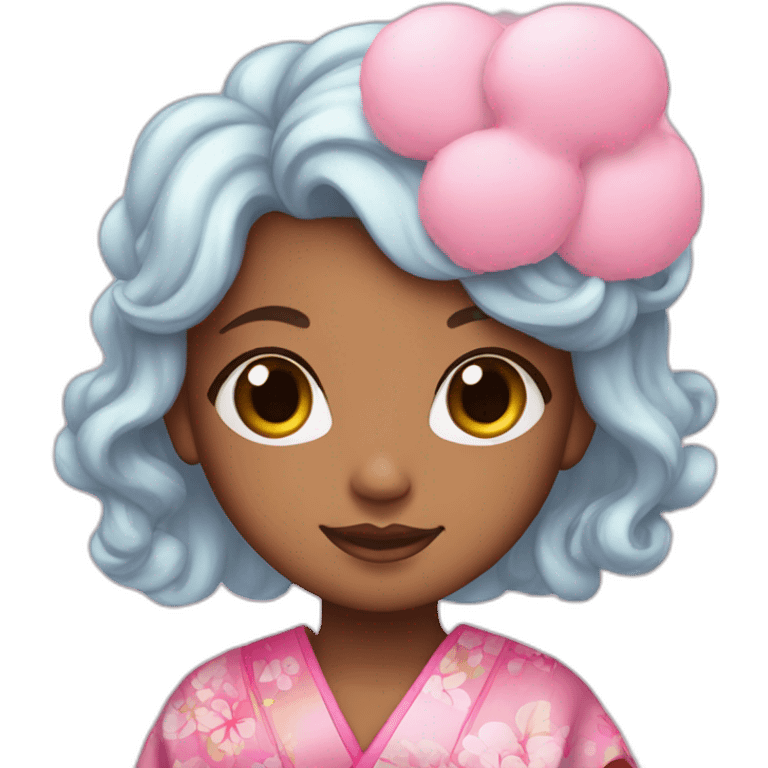 Cute brownskinned girl in a kimono with cotton Candy colored hair emoji