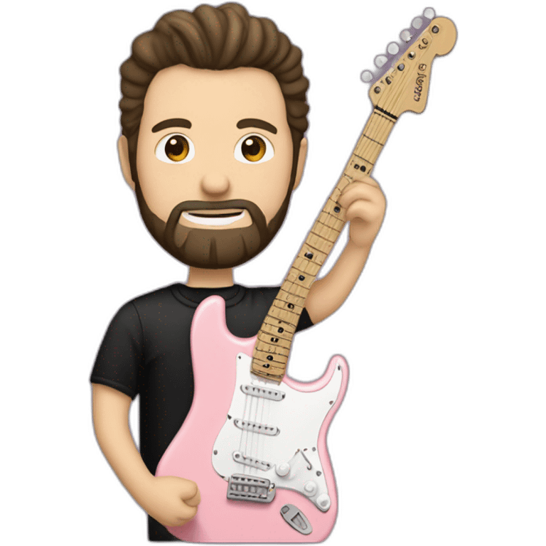 white man with dark beard and black t shirt and pastel pink stratocaster electric guitar emoji