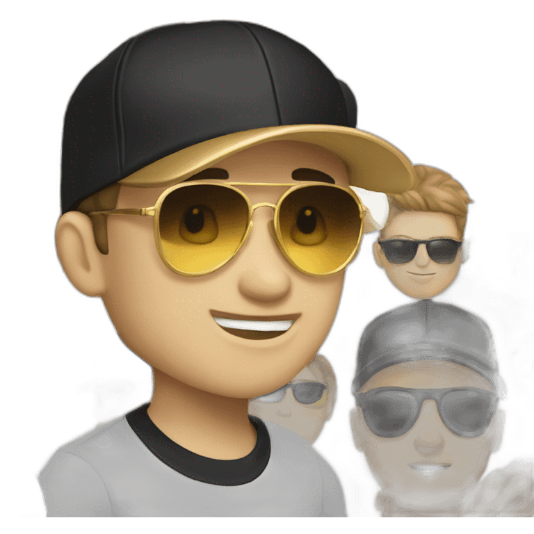 boy white skin has 12 years oldwith black snapback cap with golden sunglasses emoji