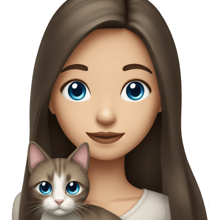 long hair brunette girl with blue eyes holding cat emoji