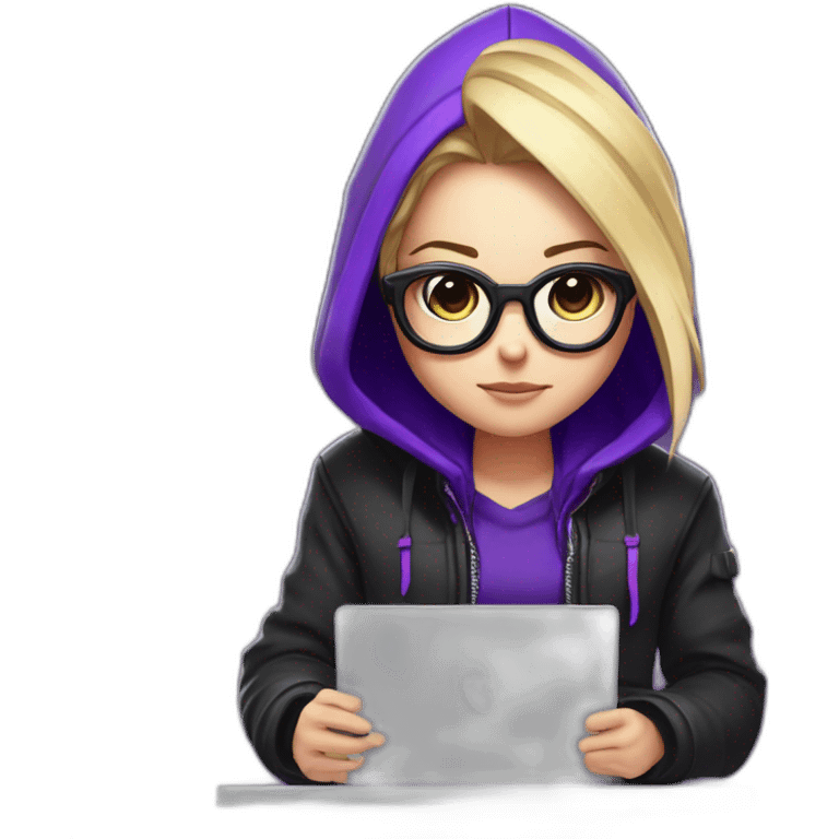 Girl blond artist with round glasses left side behind his laptop with this style: valorant riot Game purple character purple black hooded hacker themed character emoji