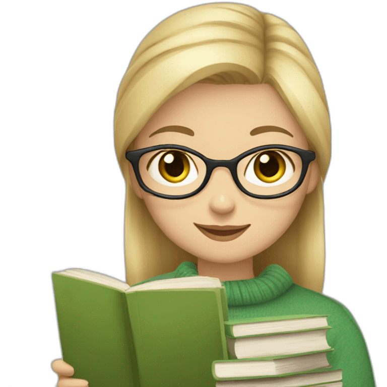 Blond hear Girl wearing a green sweater working with books and a gray tabby cat emoji