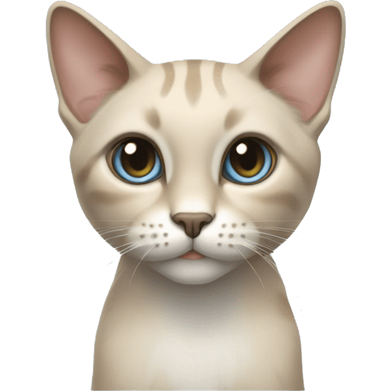 Thai breed realistic adult cat with a light cream -brown body, dark gray face, ears, and paws. Short fur, sharp ears, striking light blue eyes  emoji