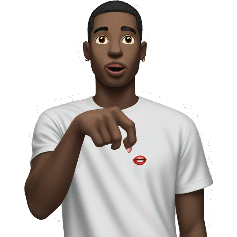 Guy wearing balenciaga tee with tongue in between fingers emoji