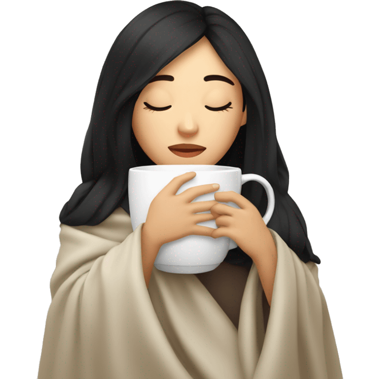 Asian girl inside a blanket sipping coffee eyes closed black hair emoji